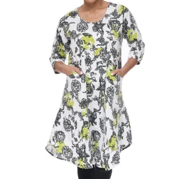 Snapdragon & Twig 100% Linen Orbit Green Cream Black Floral Oversized Dress XS - Picture 1 of 16